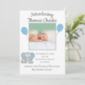 Birth Stats Baby Boy Blue Elephant Baby Aankondiging (Staand voorkant)