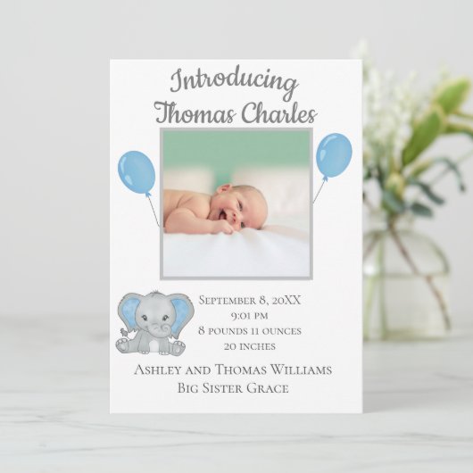 Birth Stats Baby Boy Blue Elephant Baby Aankondiging (Staand voorkant)