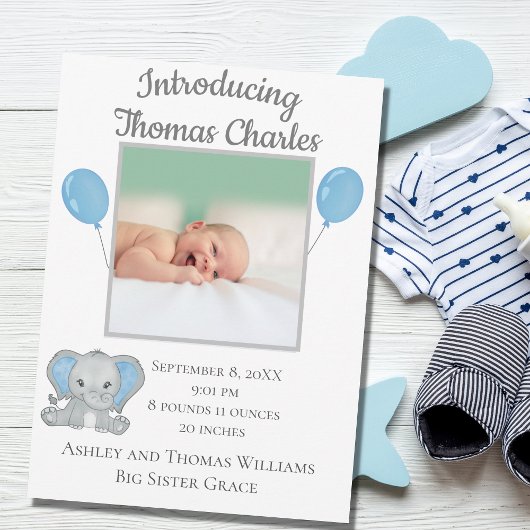 Birth Stats Baby Boy Blue Elephant Baby Aankondiging