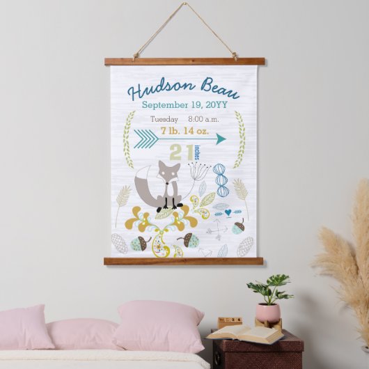Birth Stats Baby Boy Woodland Fox Wall Hanging Hangend Wandkleed (Slaapkamer)