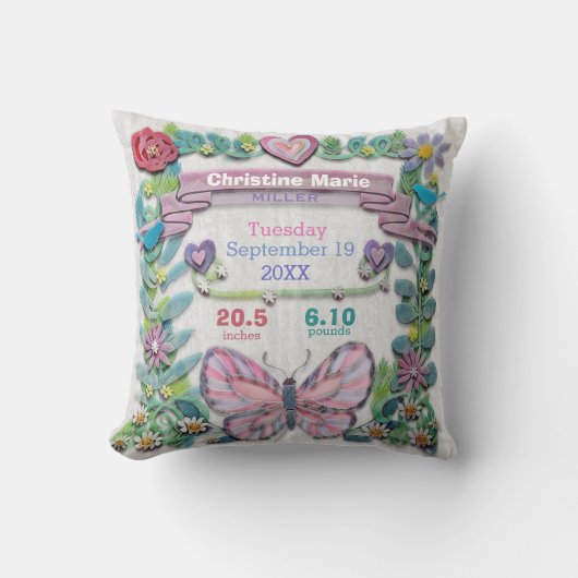 Birth Stats Baby Girl Butterfly met Flowers Kussen (Voorkant)