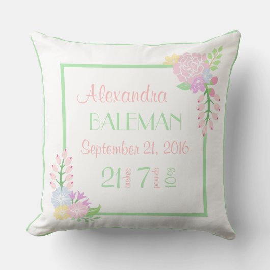 Birth Stats Baby Girl Floral Sierkussen, 2 zijden Kussen (Voorkant)