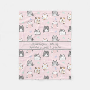 Birth Stats Baby Girl Gift Cute Cats Gray Pink B Fleece Deken