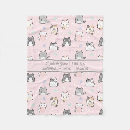 Birth Stats Baby Girl Gift Cute Cats Gray Pink B Fleece Deken (Voorkant)