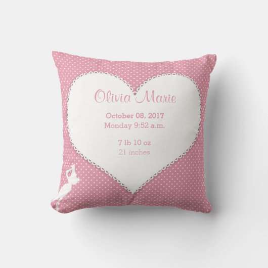 Birth Stats Baby Girl Heart Stork Sierkussen (Voorkant)