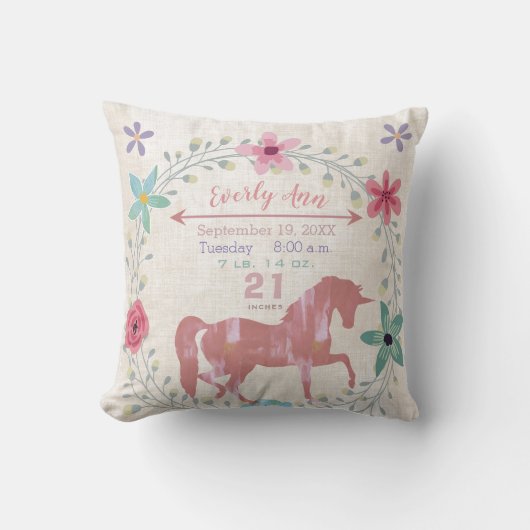 Birth Stats Baby Girl Magical Creatinine Unicorn Kussen (Voorkant)