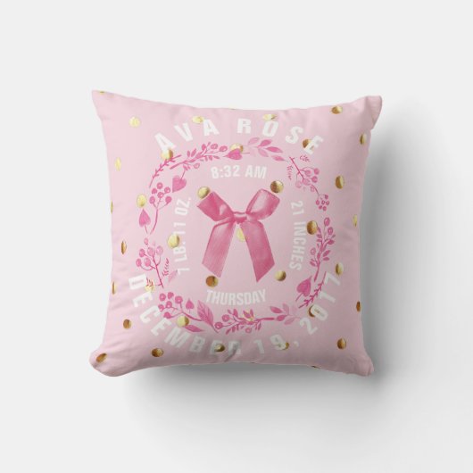 Birth Stats | Baby Girl Pink Gold Stippen Nursery Kussen (Voorkant)