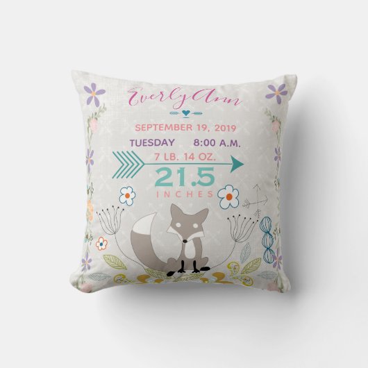 Birth Stats Baby Girl Woodland Creater Fox Kussen (Voorkant)