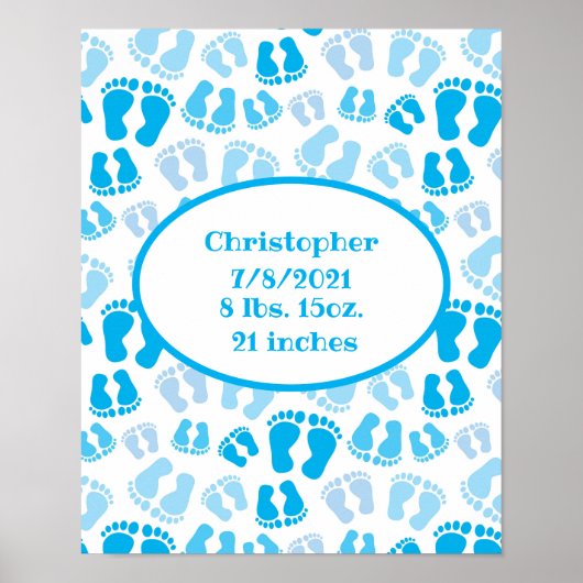 Birth Stats Blue and White Baby Boy Feet Poster (Voorkant)