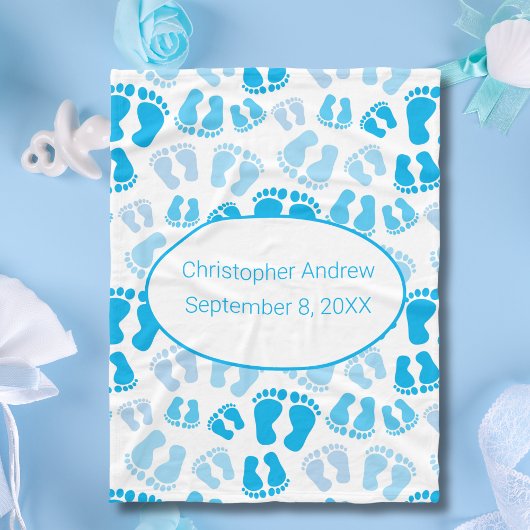 Birth Stats Blue and White Baby Feet Baby Blanket Fleece Deken