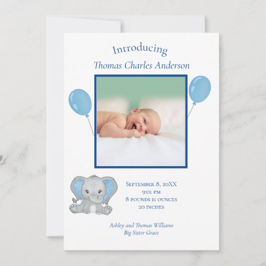 Birth Stats Blue Elephant Baby Birth Aankondiging (Voorkant)