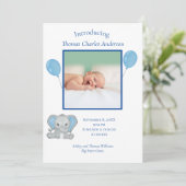 Birth Stats Blue Elephant Baby Birth Aankondiging (Staand voorkant)