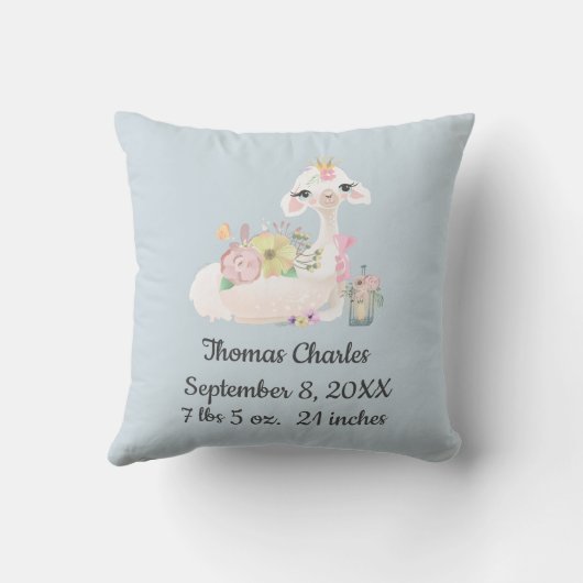 Birth Stats Blue White Llama Baby Gift Kussen (Achterkant)