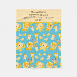Birth Stats Blue Yellow Oerwoud Safari Animals Boy Fleece Deken