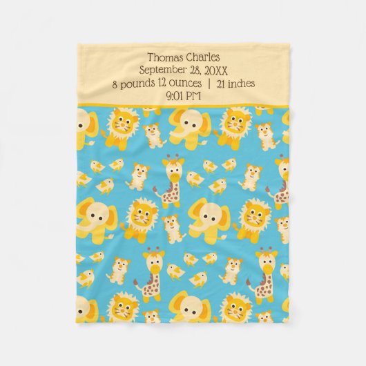 Birth Stats Blue Yellow Oerwoud Safari Animals Boy Fleece Deken (Voorkant)