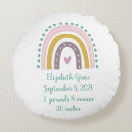 Birth Stats Boho Rainbow Pink Blauwgroen Gold Hear Rond Kussen