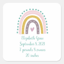 Birth Stats Boho Rainbow Pink Blauwgroen Gold Hear Vierkante Sticker