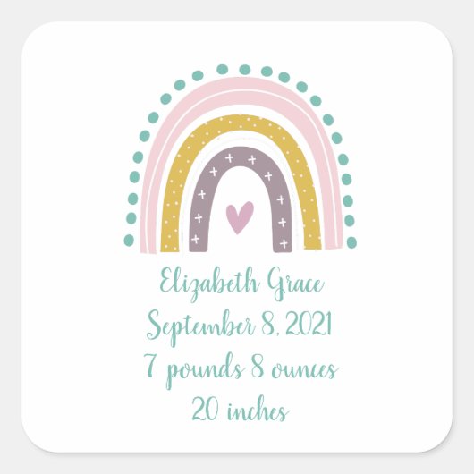 Birth Stats Boho Rainbow Pink Blauwgroen Gold Hear Vierkante Sticker (Voorkant)
