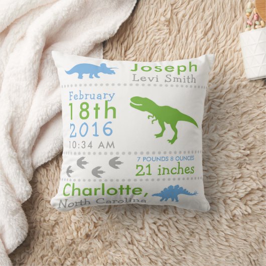 Birth Stats Dinosaur Nursery Pillow Green Blue Kussen (Deken)