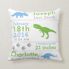Birth Stats Dinosaur Nursery Pillow Green Blue Kussen