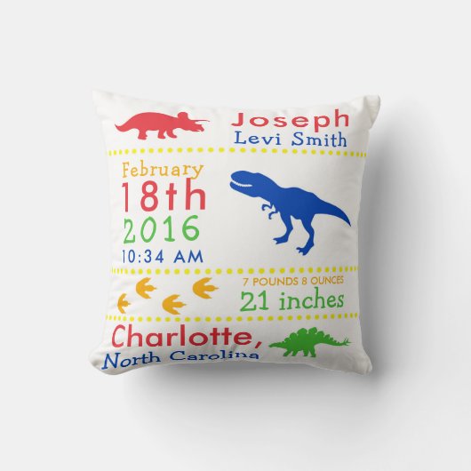 Birth Stats Dinosaur Nursery Pillow Kussen (Voorkant)
