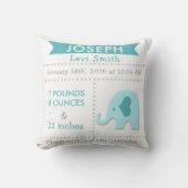 Birth Stats Elephant Nursery Pillow Blauwgroen Aqu Kussen (Voorkant)