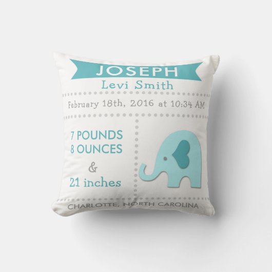 Birth Stats Elephant Nursery Pillow Blauwgroen Aqu Kussen (Voorkant)