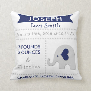 Birth Stats Elephant Nursery Pillow - Navy Gray Kussen