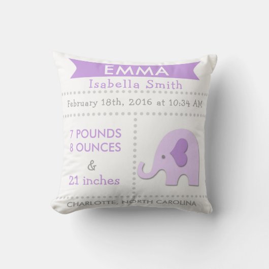 Birth Stats Elephant Nursery Pillow Paars Grey Kussen (Voorkant)