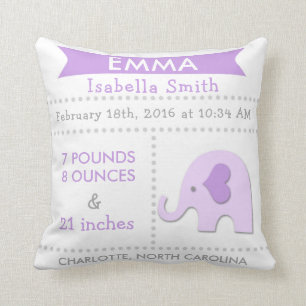 Birth Stats Elephant Nursery Pillow Paars Grey Kussen