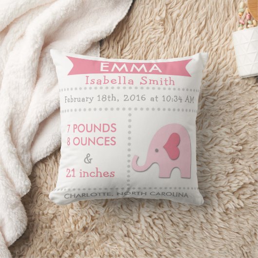 Birth Stats Elephant Nursery Pillow Pink Grey Kussen (Deken)