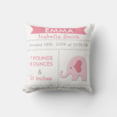 Birth Stats Elephant Nursery Pillow Pink Grey Kussen (Voorkant)