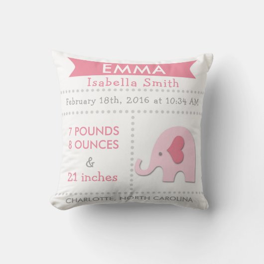 Birth Stats Elephant Nursery Pillow Pink Grey Kussen (Voorkant)