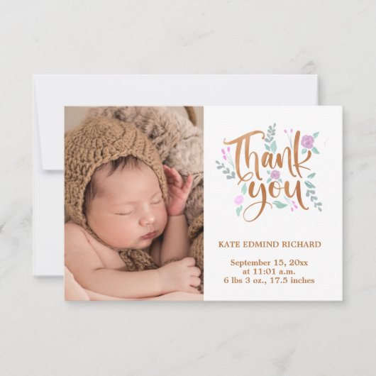 Birth Stats Foto Handwrited New Born Baby shower Bedankkaart (Voorkant)