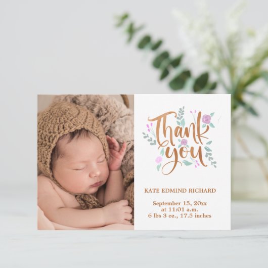 Birth Stats Foto Handwrited New Born Baby shower Bedankkaart (Staand voorkant)