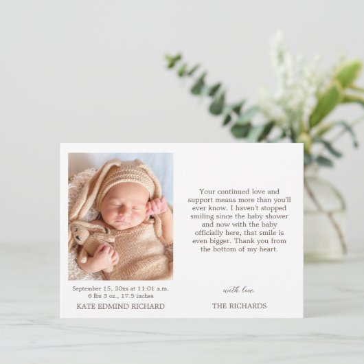 Birth Stats Foto New Baby Shower Notice Bedankkaart (Staand voorkant)