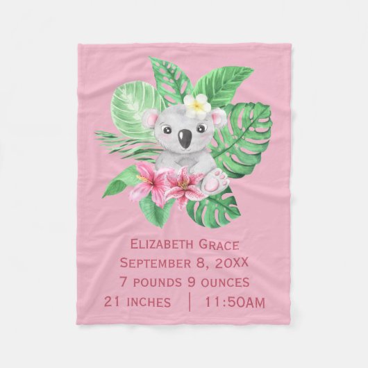 Birth Stats Koala Beer Pink Green Tropical Flowers Fleece Deken (Voorkant)