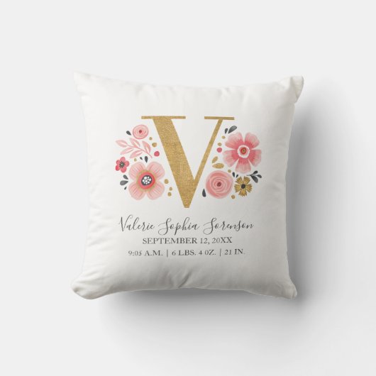 Birth Stats Letter v Pink Floral Monogram Initiaal Kussen (Voorkant)