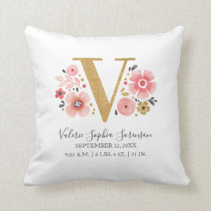 Birth Stats Letter v Pink Floral Monogram Initiaal Kussen
