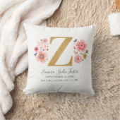 Birth Stats Letter Z Pink Floral Monogram Initiaal Kussen (Deken)