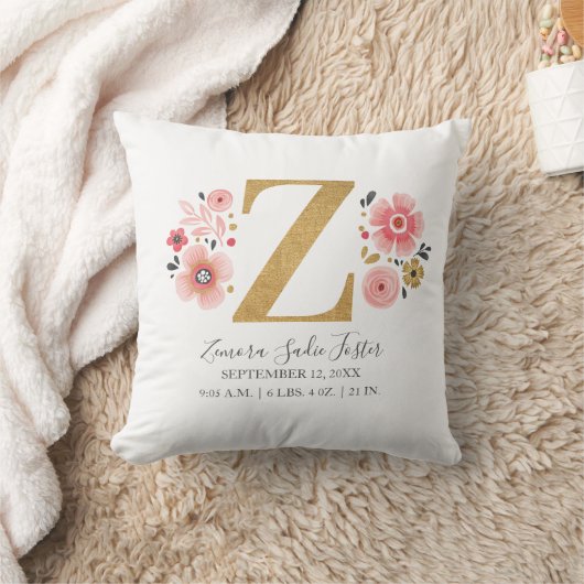 Birth Stats Letter Z Pink Floral Monogram Initiaal Kussen (Deken)