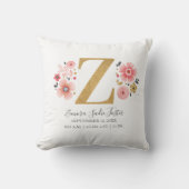 Birth Stats Letter Z Pink Floral Monogram Initiaal Kussen (Voorkant)