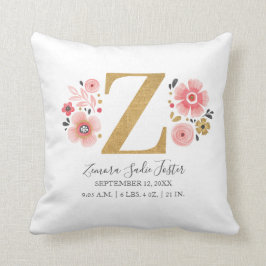 Birth Stats Letter Z Pink Floral Monogram Initiaal Kussen