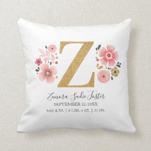 Birth Stats Letter Z Pink Floral Monogram Initiaal Kussen