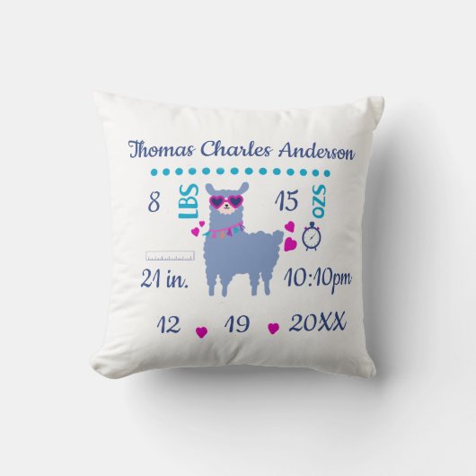 Birth Stats Llama Baby Boy Newborn Gift Kussen (Voorkant)