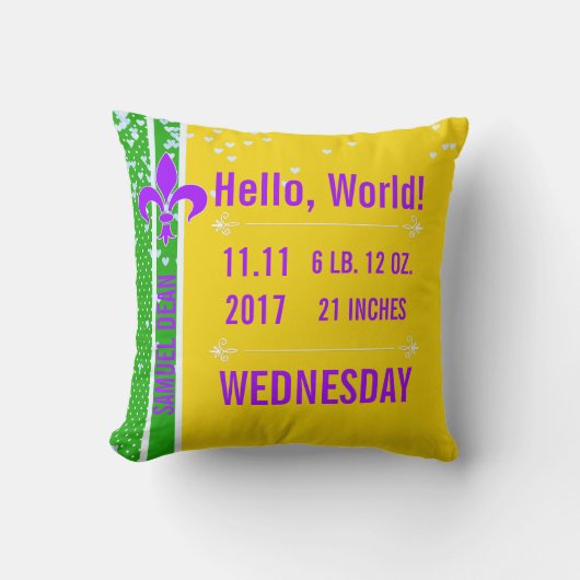 Birth Stats | Mardi Gras Fleur De Lis NOLA Kussen (Voorkant)