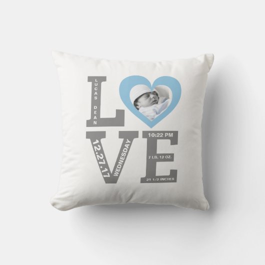 Birth Stats | Modern Typografie Baby Blue Kussen (Voorkant)