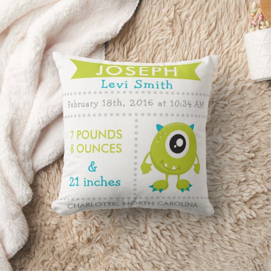 Birth Stats Monster Nursery Pillow Green Kussen (Deken)
