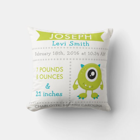 Birth Stats Monster Nursery Pillow Green Kussen (Voorkant)