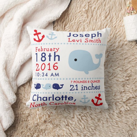 Birth Stats Nautical Whale Nursery Sierkussen (Deken)